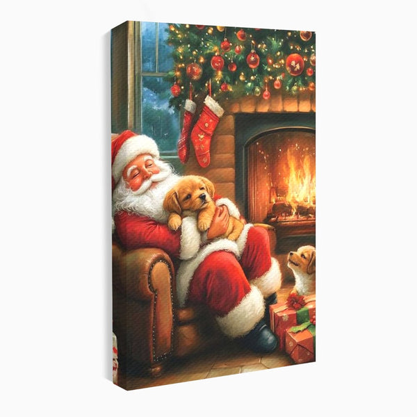 Canvas Wall Art Canvas Wall Art Premium, LuxCanva® D1108, Das perfekte Weihnachten, Winter, Weihnachten, Welpen, pelzig, pelzig, Tanne, Weihnachtsmann, Feuer, Kamin, Wärme, Sessel, Warten, Traum, Traum, Freude, Wohnen, Schlafzimmer
