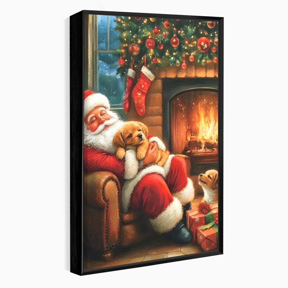 Canvas Wall Art Canvas Wall Art Premium, LuxCanva® D1108, Das perfekte Weihnachten, Winter, Weihnachten, Welpen, pelzig, pelzig, Tanne, Weihnachtsmann, Feuer, Kamin, Wärme, Sessel, Warten, Traum, Traum, Freude, Wohnen, Schlafzimmer