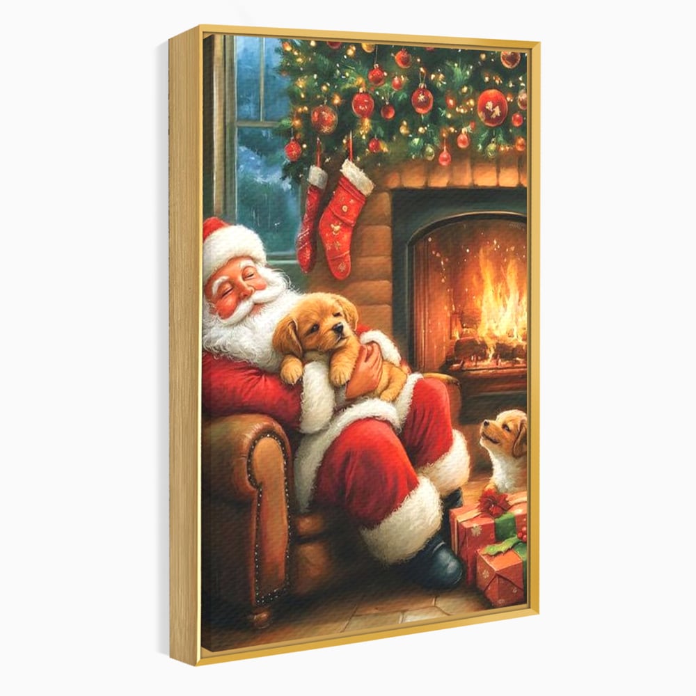 Canvas Wall Art Canvas Wall Art Premium, LuxCanva® D1108, Das perfekte Weihnachten, Winter, Weihnachten, Welpen, pelzig, pelzig, Tanne, Weihnachtsmann, Feuer, Kamin, Wärme, Sessel, Warten, Traum, Traum, Freude, Wohnen, Schlafzimmer