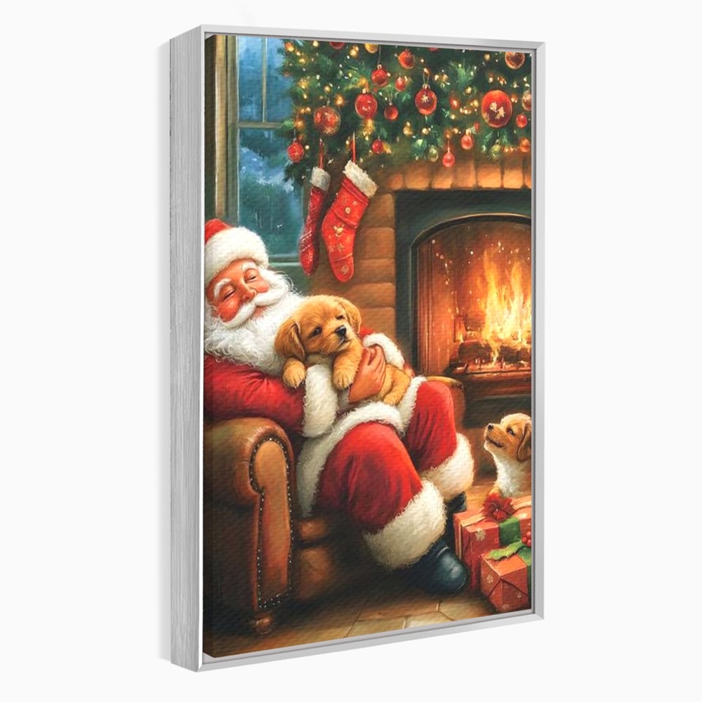 Canvas Wall Art Canvas Wall Art Premium, LuxCanva® D1108, Das perfekte Weihnachten, Winter, Weihnachten, Welpen, pelzig, pelzig, Tanne, Weihnachtsmann, Feuer, Kamin, Wärme, Sessel, Warten, Traum, Traum, Freude, Wohnen, Schlafzimmer