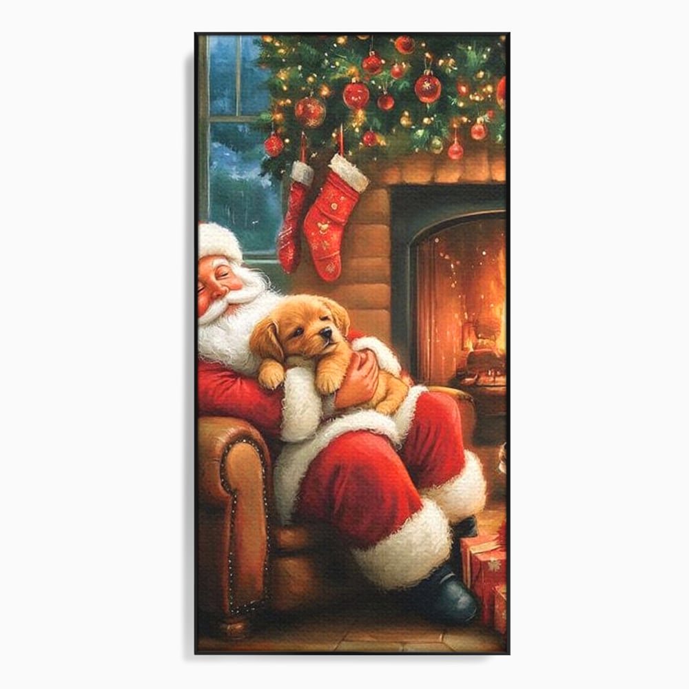Canvas Wall Art Canvas Wall Art Premium, LuxCanva® D1108, Das perfekte Weihnachten, Winter, Weihnachten, Welpen, pelzig, pelzig, Tanne, Weihnachtsmann, Feuer, Kamin, Wärme, Sessel, Warten, Traum, Traum, Freude, Wohnen, Schlafzimmer