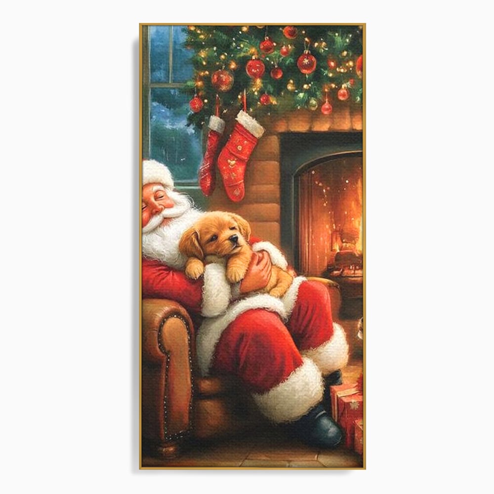 Canvas Wall Art Canvas Wall Art Premium, LuxCanva® D1108, Das perfekte Weihnachten, Winter, Weihnachten, Welpen, pelzig, pelzig, Tanne, Weihnachtsmann, Feuer, Kamin, Wärme, Sessel, Warten, Traum, Traum, Freude, Wohnen, Schlafzimmer