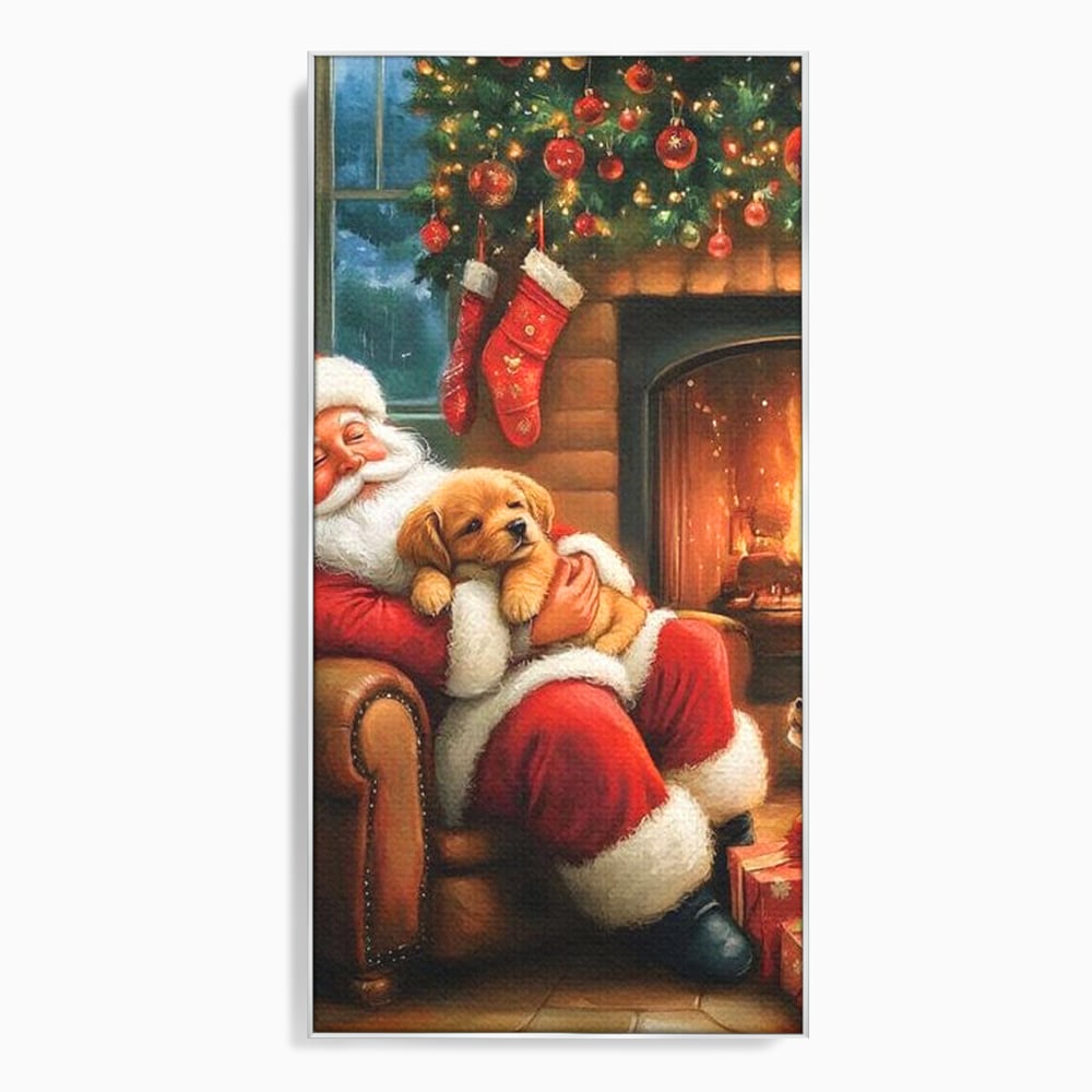 Canvas Wall Art Canvas Wall Art Premium, LuxCanva® D1108, Das perfekte Weihnachten, Winter, Weihnachten, Welpen, pelzig, pelzig, Tanne, Weihnachtsmann, Feuer, Kamin, Wärme, Sessel, Warten, Traum, Traum, Freude, Wohnen, Schlafzimmer