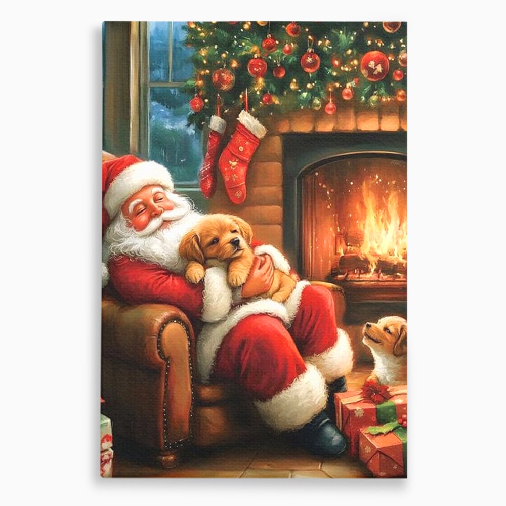 Canvas Wall Art Canvas Wall Art Premium, LuxCanva® D1108, Das perfekte Weihnachten, Winter, Weihnachten, Welpen, pelzig, pelzig, Tanne, Weihnachtsmann, Feuer, Kamin, Wärme, Sessel, Warten, Traum, Traum, Freude, Wohnen, Schlafzimmer