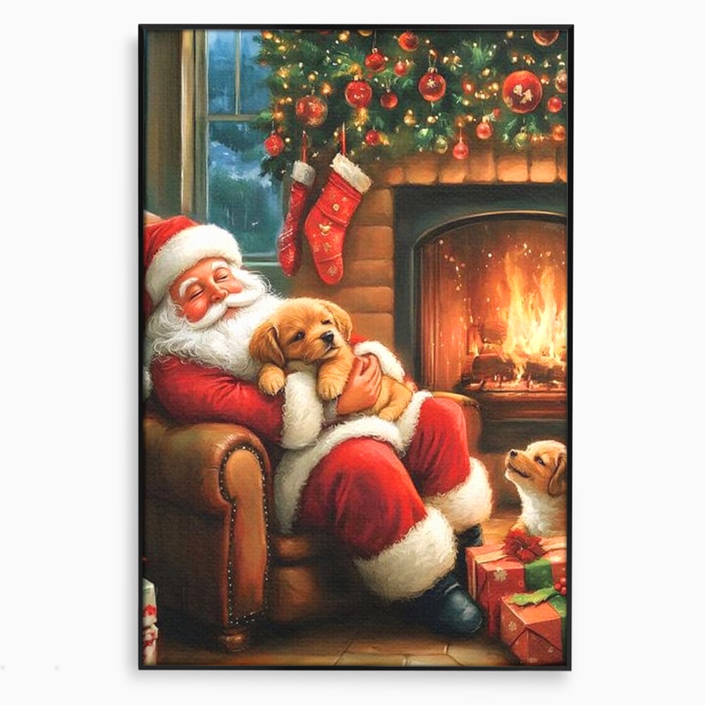 Canvas Wall Art Canvas Wall Art Premium, LuxCanva® D1108, Das perfekte Weihnachten, Winter, Weihnachten, Welpen, pelzig, pelzig, Tanne, Weihnachtsmann, Feuer, Kamin, Wärme, Sessel, Warten, Traum, Traum, Freude, Wohnen, Schlafzimmer