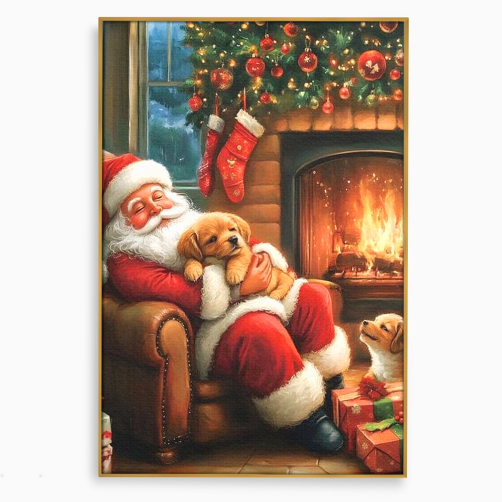 Canvas Wall Art Canvas Wall Art Premium, LuxCanva® D1108, Das perfekte Weihnachten, Winter, Weihnachten, Welpen, pelzig, pelzig, Tanne, Weihnachtsmann, Feuer, Kamin, Wärme, Sessel, Warten, Traum, Traum, Freude, Wohnen, Schlafzimmer