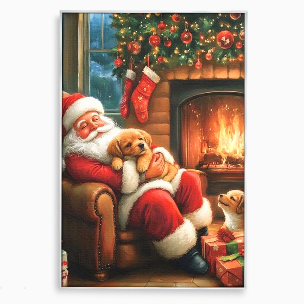 Canvas Wall Art Canvas Wall Art Premium, LuxCanva® D1108, Das perfekte Weihnachten, Winter, Weihnachten, Welpen, pelzig, pelzig, Tanne, Weihnachtsmann, Feuer, Kamin, Wärme, Sessel, Warten, Traum, Traum, Freude, Wohnen, Schlafzimmer