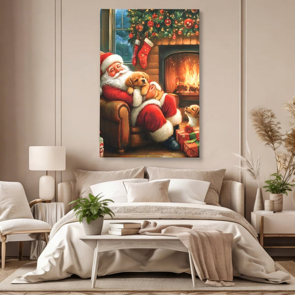 Canvas Wall Art Canvas Wall Art Premium, LuxCanva® D1108, Das perfekte Weihnachten, Winter, Weihnachten, Welpen, pelzig, pelzig, Tanne, Weihnachtsmann, Feuer, Kamin, Wärme, Sessel, Warten, Traum, Traum, Freude, Wohnen, Schlafzimmer