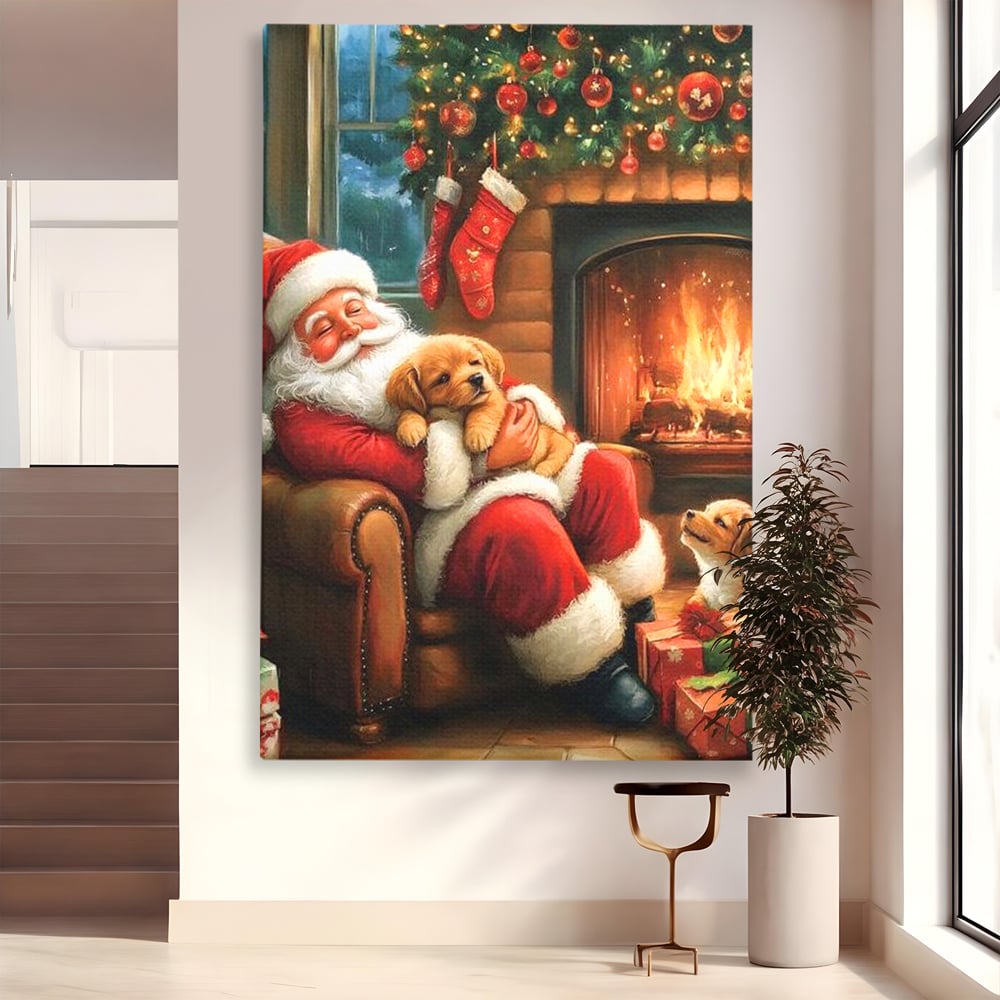 Canvas Wall Art Canvas Wall Art Premium, LuxCanva® D1108, Das perfekte Weihnachten, Winter, Weihnachten, Welpen, pelzig, pelzig, Tanne, Weihnachtsmann, Feuer, Kamin, Wärme, Sessel, Warten, Traum, Traum, Freude, Wohnen, Schlafzimmer