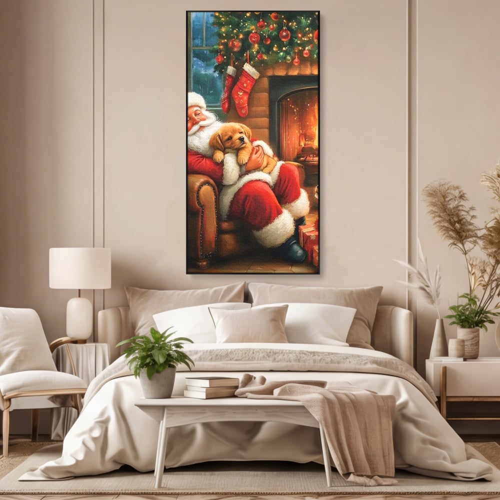 Canvas Wall Art Canvas Wall Art Premium, LuxCanva® D1108, Das perfekte Weihnachten, Winter, Weihnachten, Welpen, pelzig, pelzig, Tanne, Weihnachtsmann, Feuer, Kamin, Wärme, Sessel, Warten, Traum, Traum, Freude, Wohnen, Schlafzimmer