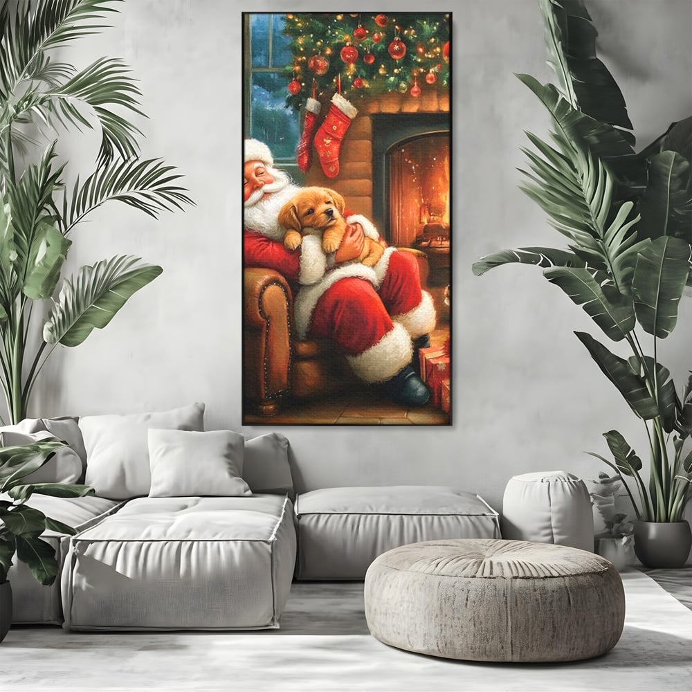 Canvas Wall Art Canvas Wall Art Premium, LuxCanva® D1108, Das perfekte Weihnachten, Winter, Weihnachten, Welpen, pelzig, pelzig, Tanne, Weihnachtsmann, Feuer, Kamin, Wärme, Sessel, Warten, Traum, Traum, Freude, Wohnen, Schlafzimmer