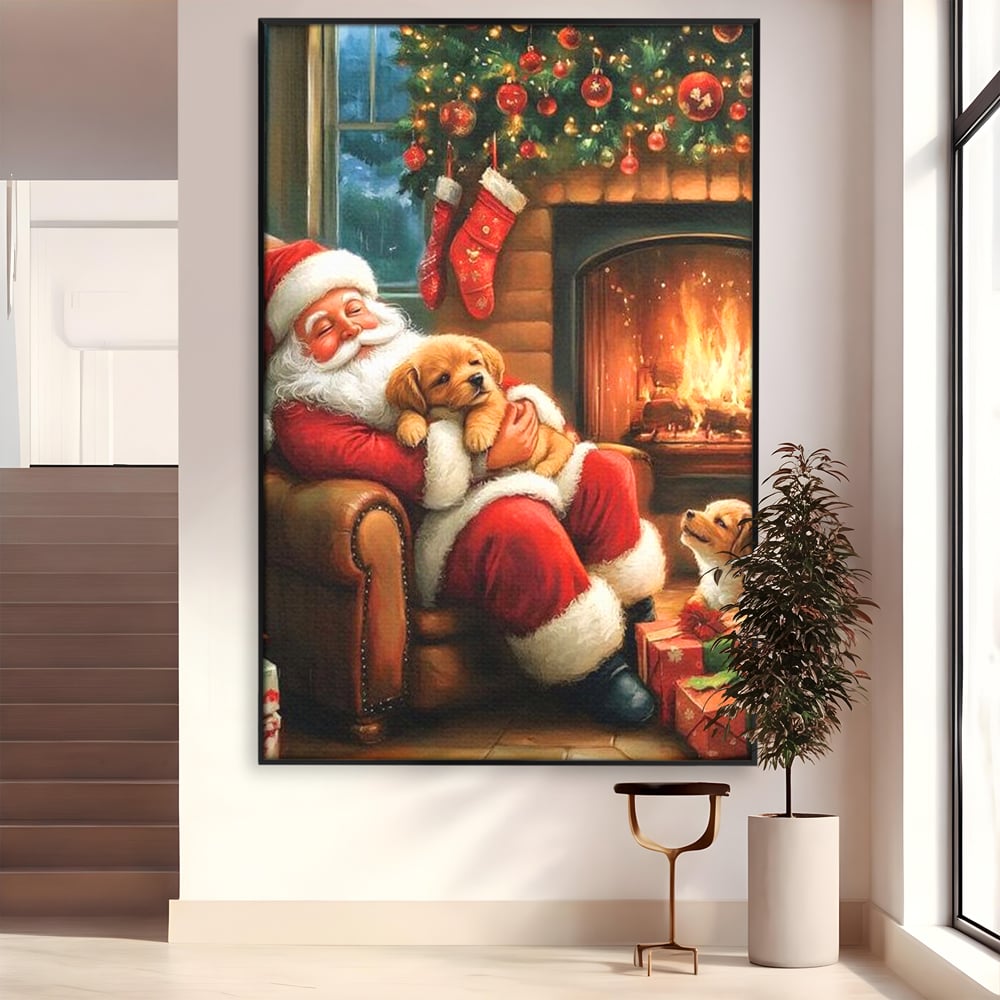 Canvas Wall Art Canvas Wall Art Premium, LuxCanva® D1108, Das perfekte Weihnachten, Winter, Weihnachten, Welpen, pelzig, pelzig, Tanne, Weihnachtsmann, Feuer, Kamin, Wärme, Sessel, Warten, Traum, Traum, Freude, Wohnen, Schlafzimmer