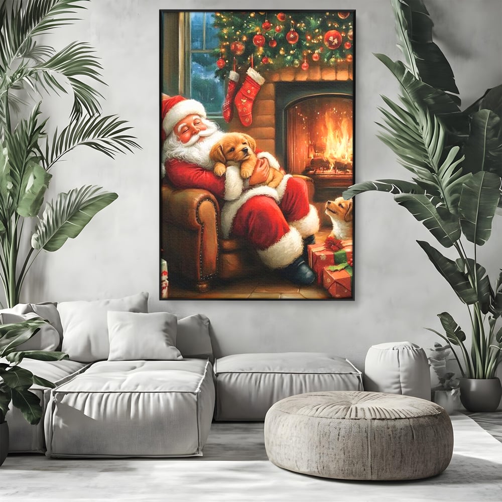 Canvas Wall Art Canvas Wall Art Premium, LuxCanva® D1108, Das perfekte Weihnachten, Winter, Weihnachten, Welpen, pelzig, pelzig, Tanne, Weihnachtsmann, Feuer, Kamin, Wärme, Sessel, Warten, Traum, Traum, Freude, Wohnen, Schlafzimmer