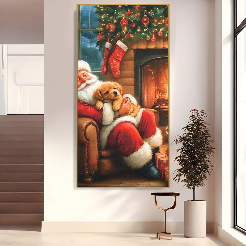 Canvas Wall Art Canvas Wall Art Premium, LuxCanva® D1108, Das perfekte Weihnachten, Winter, Weihnachten, Welpen, pelzig, pelzig, Tanne, Weihnachtsmann, Feuer, Kamin, Wärme, Sessel, Warten, Traum, Traum, Freude, Wohnen, Schlafzimmer