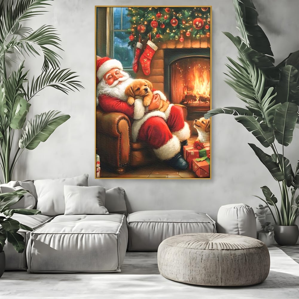 Canvas Wall Art Canvas Wall Art Premium, LuxCanva® D1108, Das perfekte Weihnachten, Winter, Weihnachten, Welpen, pelzig, pelzig, Tanne, Weihnachtsmann, Feuer, Kamin, Wärme, Sessel, Warten, Traum, Traum, Freude, Wohnen, Schlafzimmer