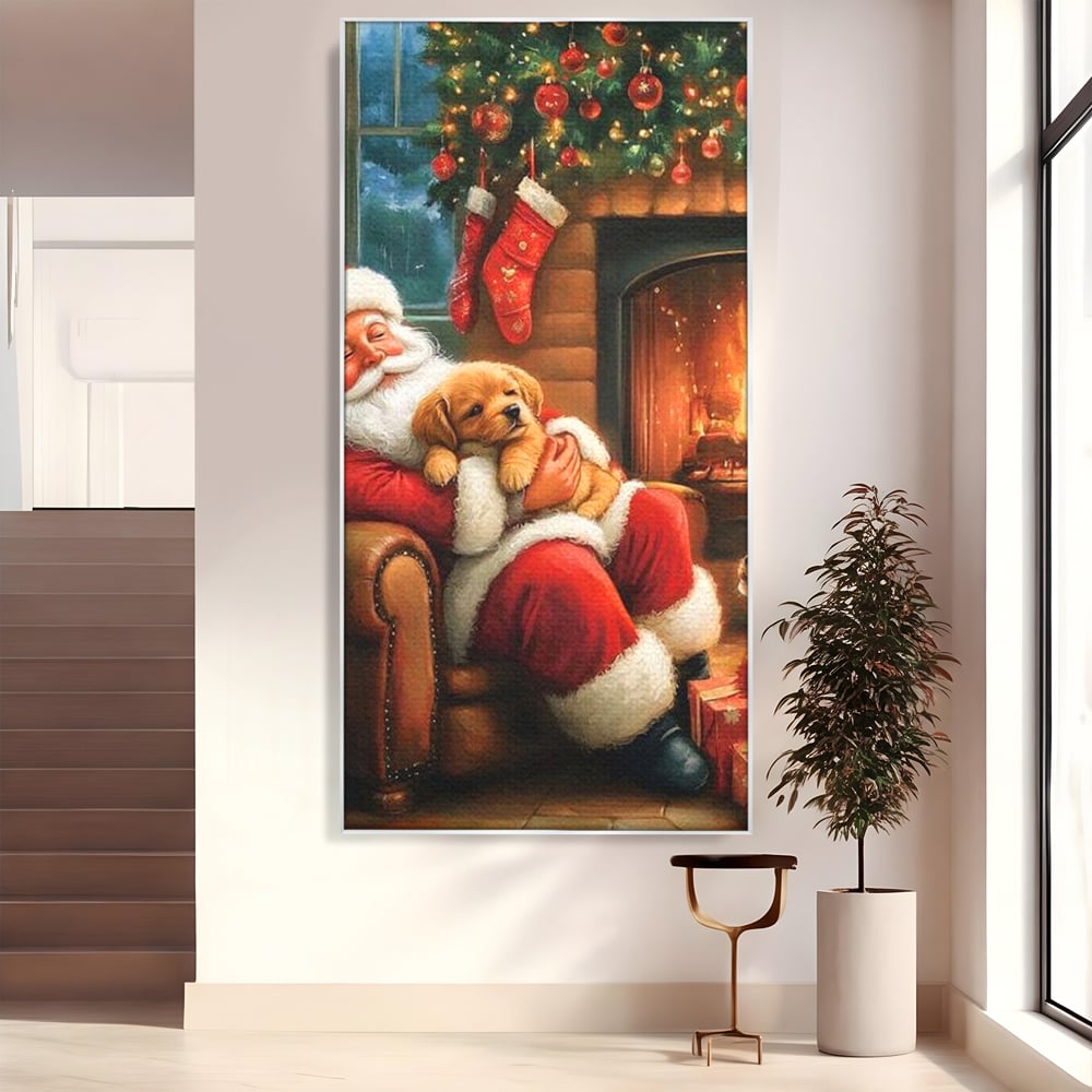 Canvas Wall Art Canvas Wall Art Premium, LuxCanva® D1108, Das perfekte Weihnachten, Winter, Weihnachten, Welpen, pelzig, pelzig, Tanne, Weihnachtsmann, Feuer, Kamin, Wärme, Sessel, Warten, Traum, Traum, Freude, Wohnen, Schlafzimmer