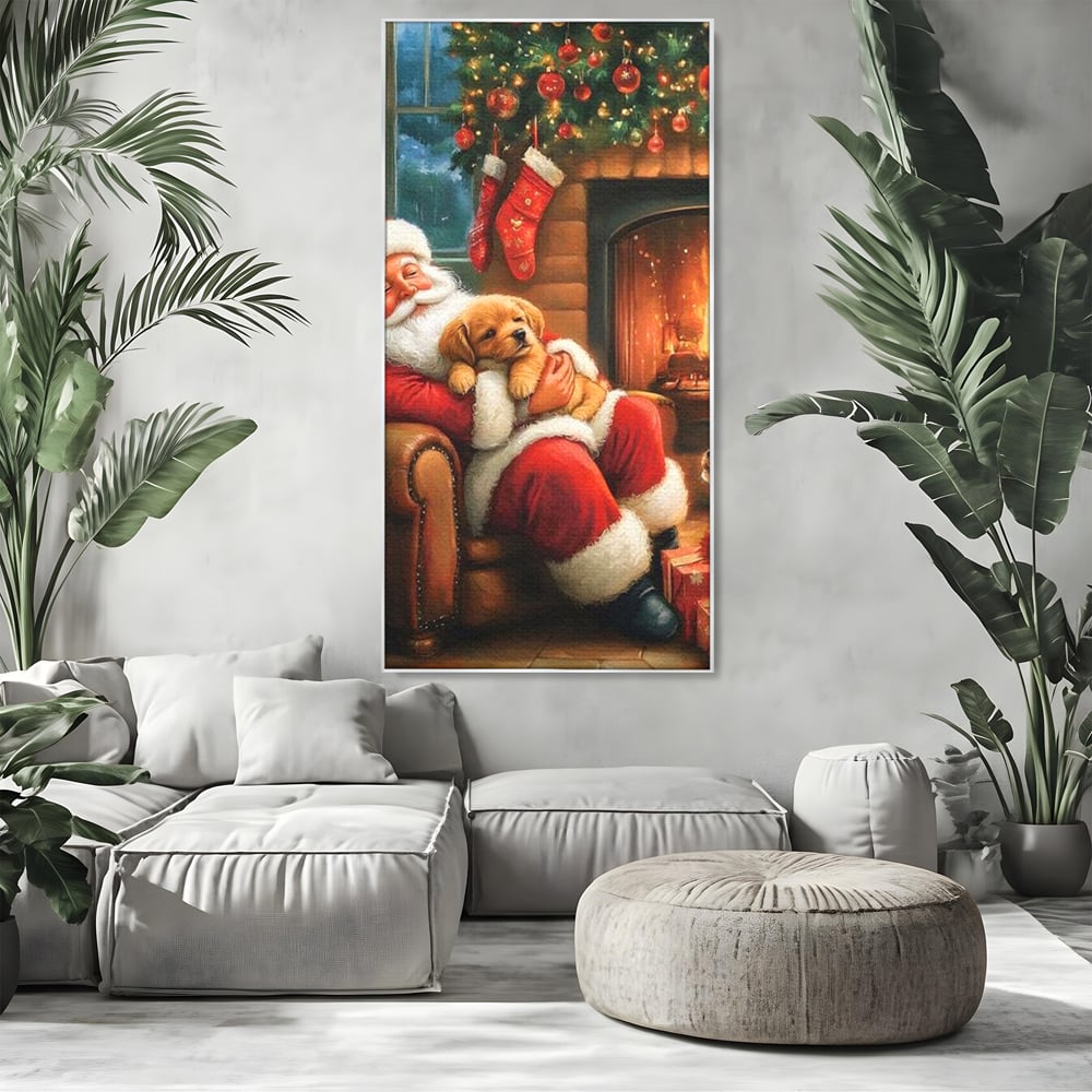 Canvas Wall Art Canvas Wall Art Premium, LuxCanva® D1108, Das perfekte Weihnachten, Winter, Weihnachten, Welpen, pelzig, pelzig, Tanne, Weihnachtsmann, Feuer, Kamin, Wärme, Sessel, Warten, Traum, Traum, Freude, Wohnen, Schlafzimmer