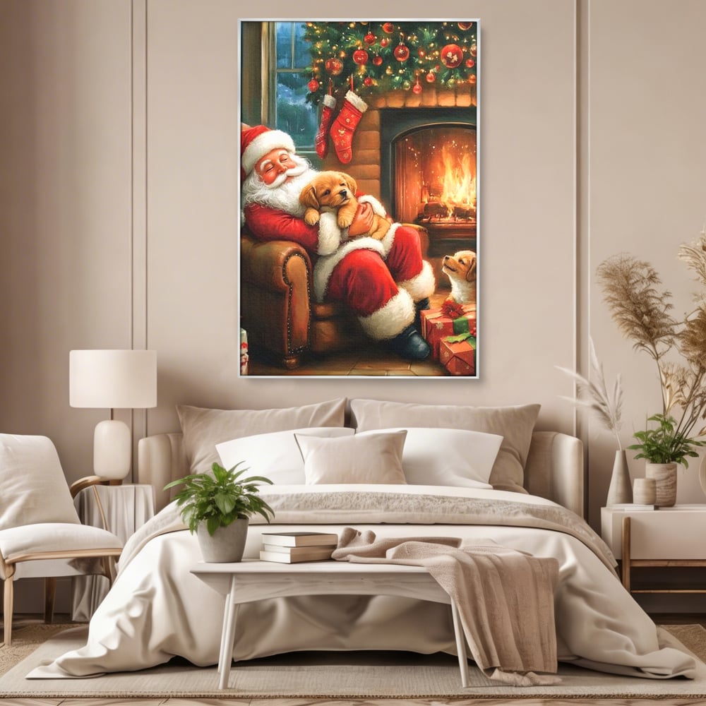 Canvas Wall Art Canvas Wall Art Premium, LuxCanva® D1108, Das perfekte Weihnachten, Winter, Weihnachten, Welpen, pelzig, pelzig, Tanne, Weihnachtsmann, Feuer, Kamin, Wärme, Sessel, Warten, Traum, Traum, Freude, Wohnen, Schlafzimmer