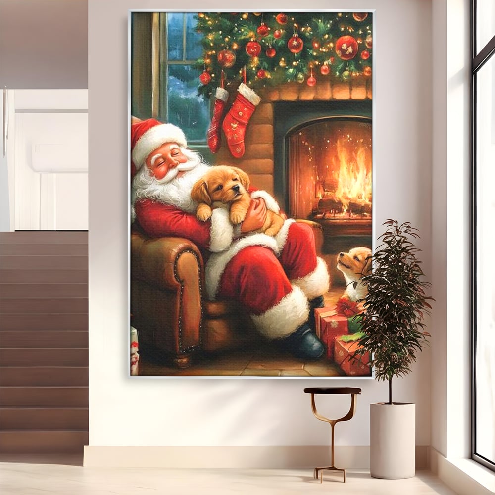 Canvas Wall Art Canvas Wall Art Premium, LuxCanva® D1108, Das perfekte Weihnachten, Winter, Weihnachten, Welpen, pelzig, pelzig, Tanne, Weihnachtsmann, Feuer, Kamin, Wärme, Sessel, Warten, Traum, Traum, Freude, Wohnen, Schlafzimmer