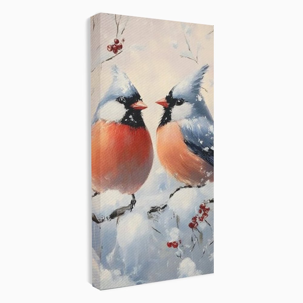 Tablou Canvas Premium, LuxCanva® D1109, Iubire Printre Fulgi, Cantec, Pereche, Iarna, Natura, Padure, Copac, Ramura, Cardinali, Cuplu, Iubire, Armonie, Pace, Zapada, Living, Dormitor