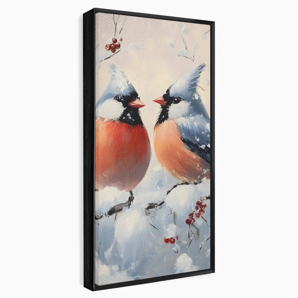 Tablou Canvas Premium, LuxCanva® D1109, Iubire Printre Fulgi, Cantec, Pereche, Iarna, Natura, Padure, Copac, Ramura, Cardinali, Cuplu, Iubire, Armonie, Pace, Zapada, Living, Dormitor