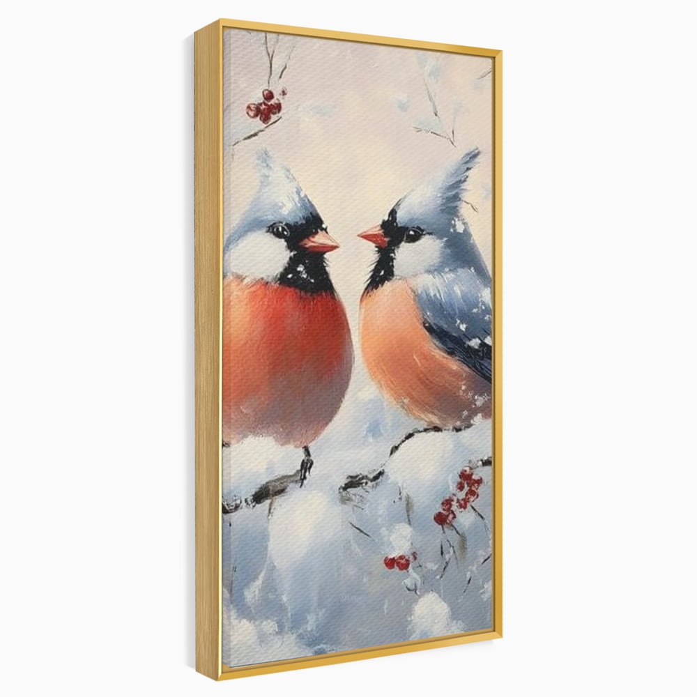 Tablou Canvas Premium, LuxCanva® D1109, Iubire Printre Fulgi, Cantec, Pereche, Iarna, Natura, Padure, Copac, Ramura, Cardinali, Cuplu, Iubire, Armonie, Pace, Zapada, Living, Dormitor
