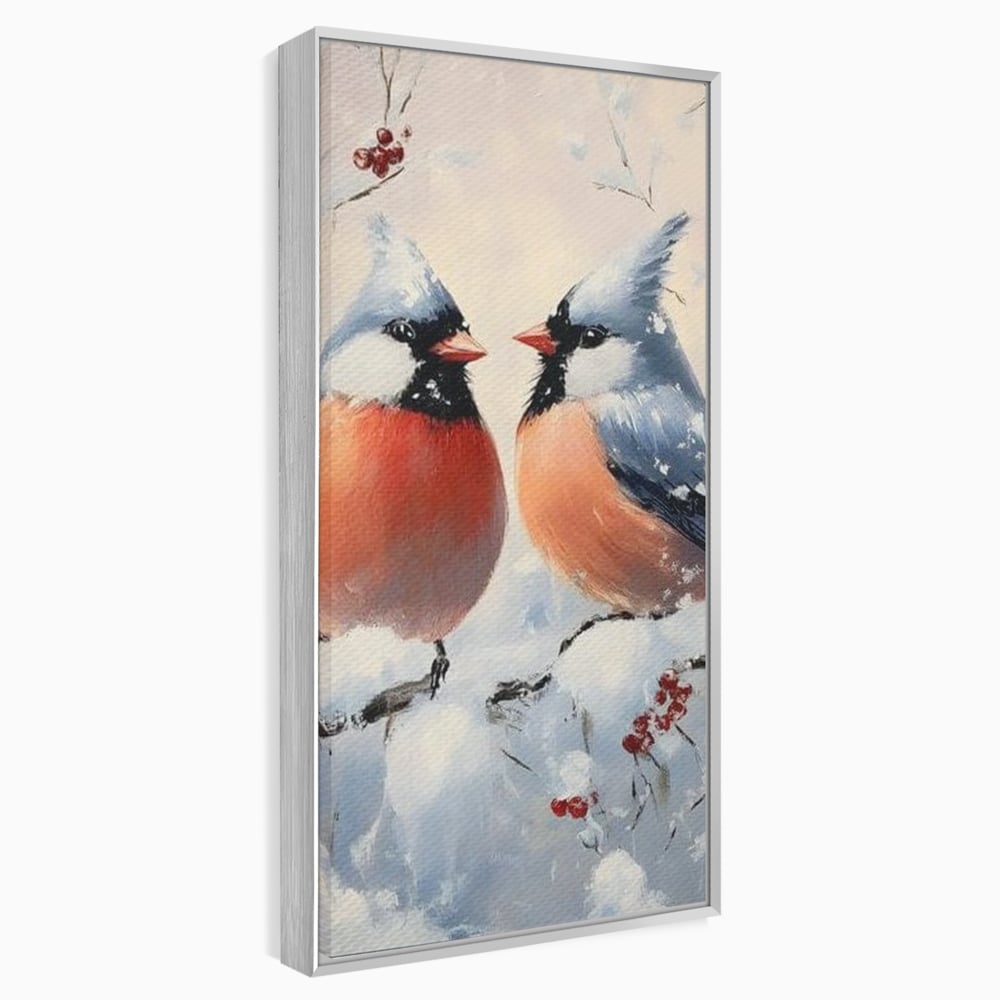 Tablou Canvas Premium, LuxCanva® D1109, Iubire Printre Fulgi, Cantec, Pereche, Iarna, Natura, Padure, Copac, Ramura, Cardinali, Cuplu, Iubire, Armonie, Pace, Zapada, Living, Dormitor