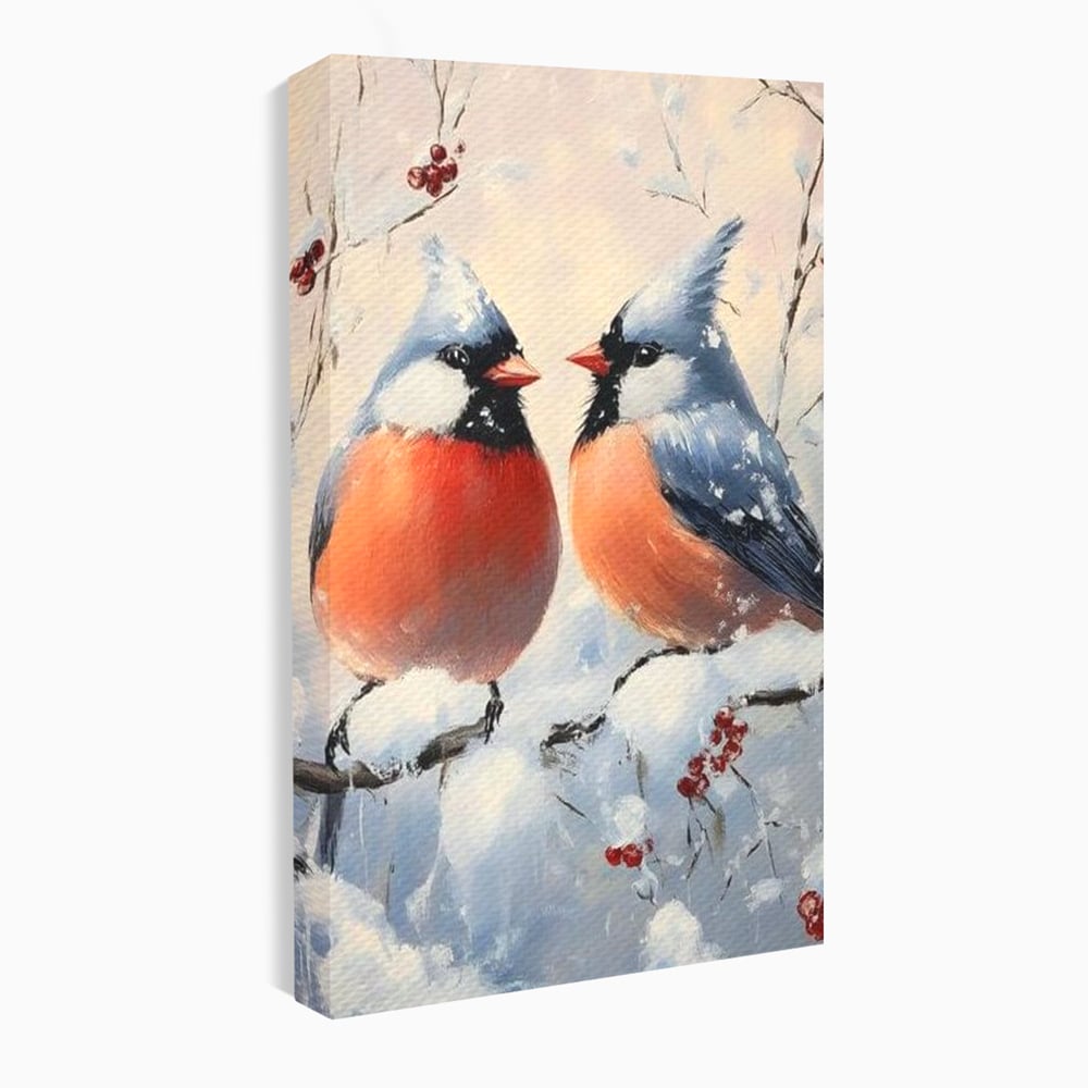 Tablou Canvas Premium, LuxCanva® D1109, Iubire Printre Fulgi, Cantec, Pereche, Iarna, Natura, Padure, Copac, Ramura, Cardinali, Cuplu, Iubire, Armonie, Pace, Zapada, Living, Dormitor