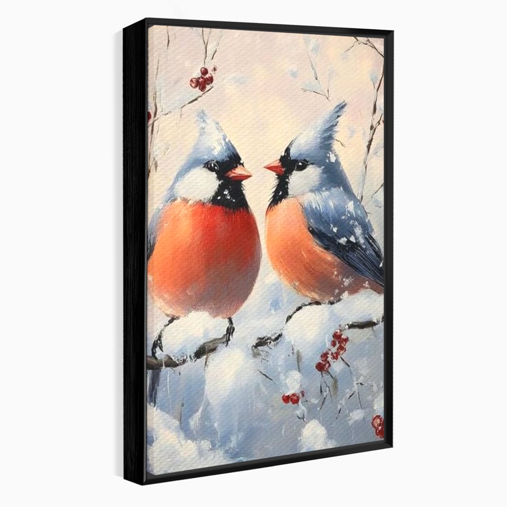 Tablou Canvas Premium, LuxCanva® D1109, Iubire Printre Fulgi, Cantec, Pereche, Iarna, Natura, Padure, Copac, Ramura, Cardinali, Cuplu, Iubire, Armonie, Pace, Zapada, Living, Dormitor