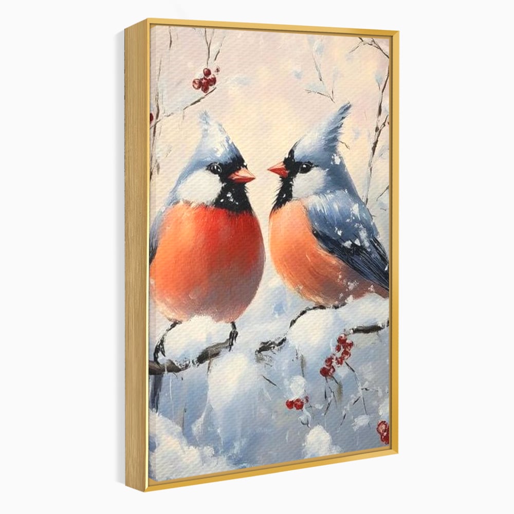 Tablou Canvas Premium, LuxCanva® D1109, Iubire Printre Fulgi, Cantec, Pereche, Iarna, Natura, Padure, Copac, Ramura, Cardinali, Cuplu, Iubire, Armonie, Pace, Zapada, Living, Dormitor