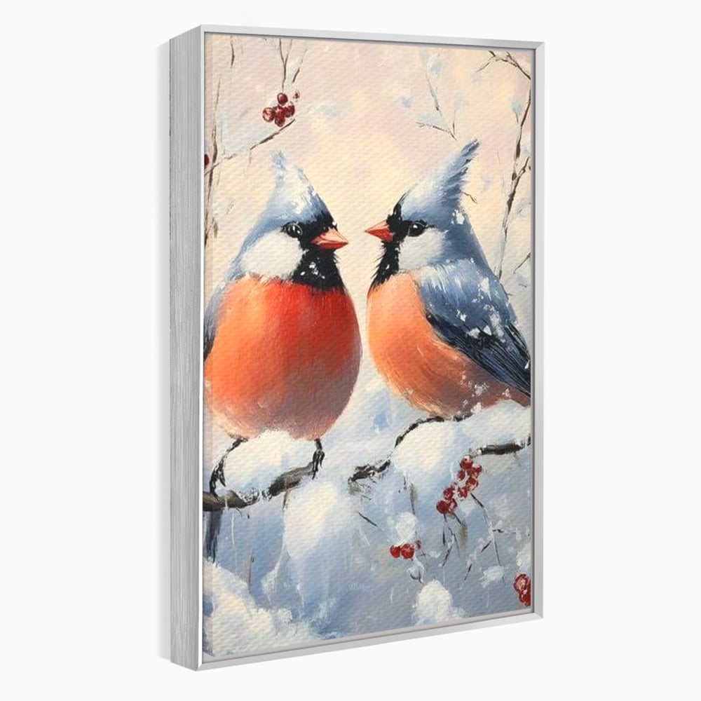 Tablou Canvas Premium, LuxCanva® D1109, Iubire Printre Fulgi, Cantec, Pereche, Iarna, Natura, Padure, Copac, Ramura, Cardinali, Cuplu, Iubire, Armonie, Pace, Zapada, Living, Dormitor