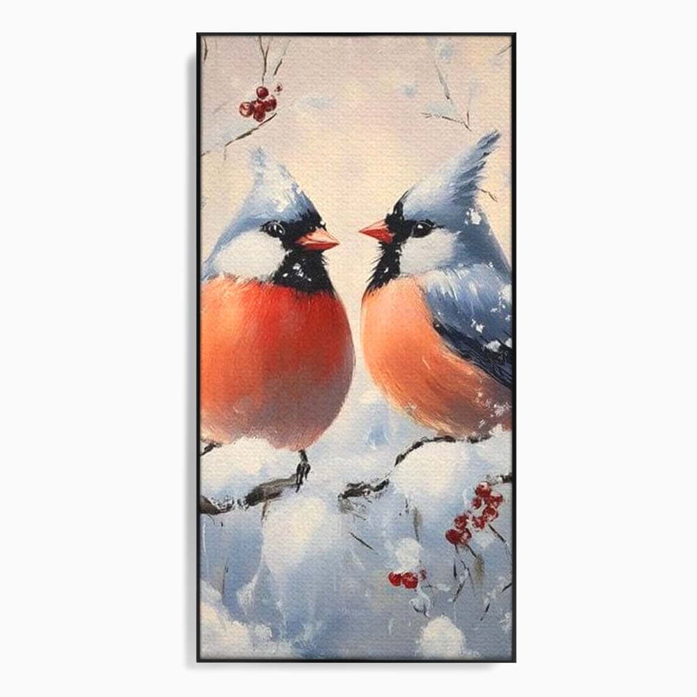 Tablou Canvas Premium, LuxCanva® D1109, Iubire Printre Fulgi, Cantec, Pereche, Iarna, Natura, Padure, Copac, Ramura, Cardinali, Cuplu, Iubire, Armonie, Pace, Zapada, Living, Dormitor
