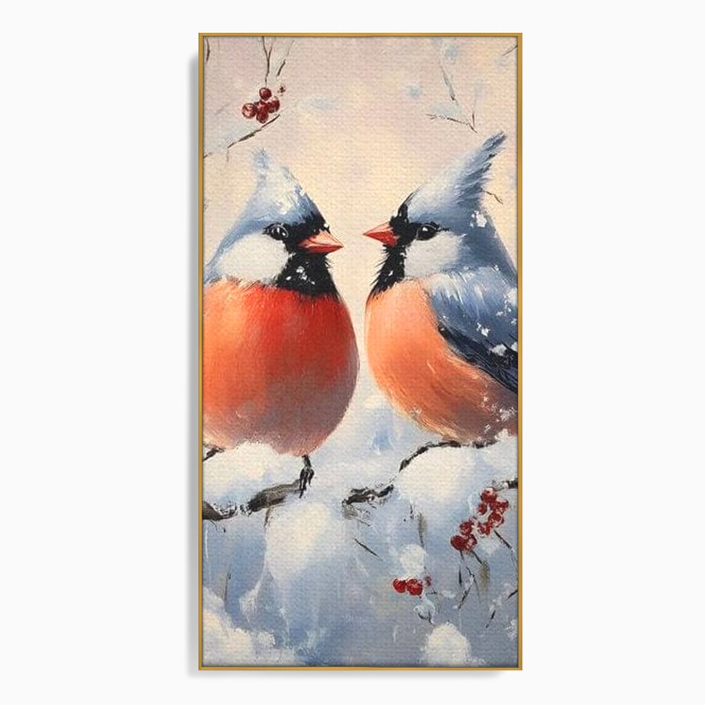 Tablou Canvas Premium, LuxCanva® D1109, Iubire Printre Fulgi, Cantec, Pereche, Iarna, Natura, Padure, Copac, Ramura, Cardinali, Cuplu, Iubire, Armonie, Pace, Zapada, Living, Dormitor