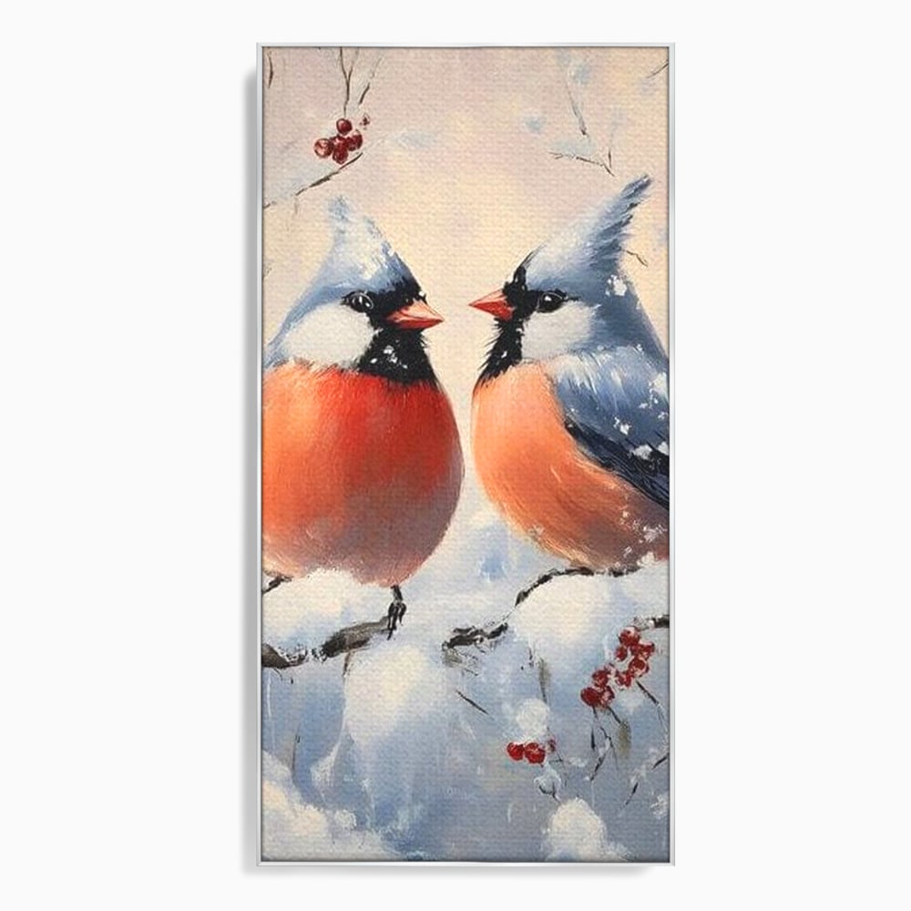 Tablou Canvas Premium, LuxCanva® D1109, Iubire Printre Fulgi, Cantec, Pereche, Iarna, Natura, Padure, Copac, Ramura, Cardinali, Cuplu, Iubire, Armonie, Pace, Zapada, Living, Dormitor