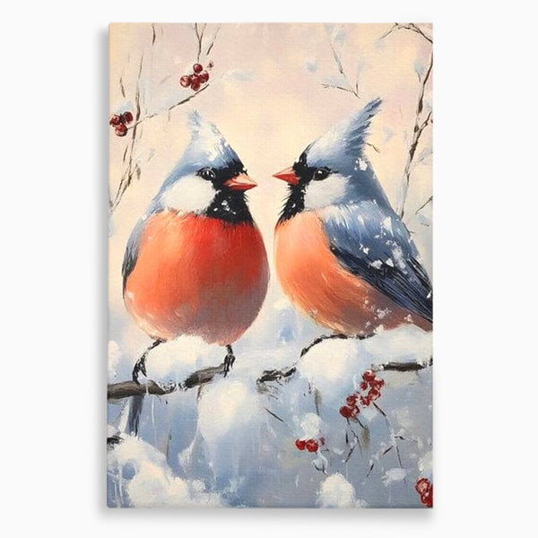 Tablou Canvas Premium, LuxCanva® D1109, Iubire Printre Fulgi, Cantec, Pereche, Iarna, Natura, Padure, Copac, Ramura, Cardinali, Cuplu, Iubire, Armonie, Pace, Zapada, Living, Dormitor