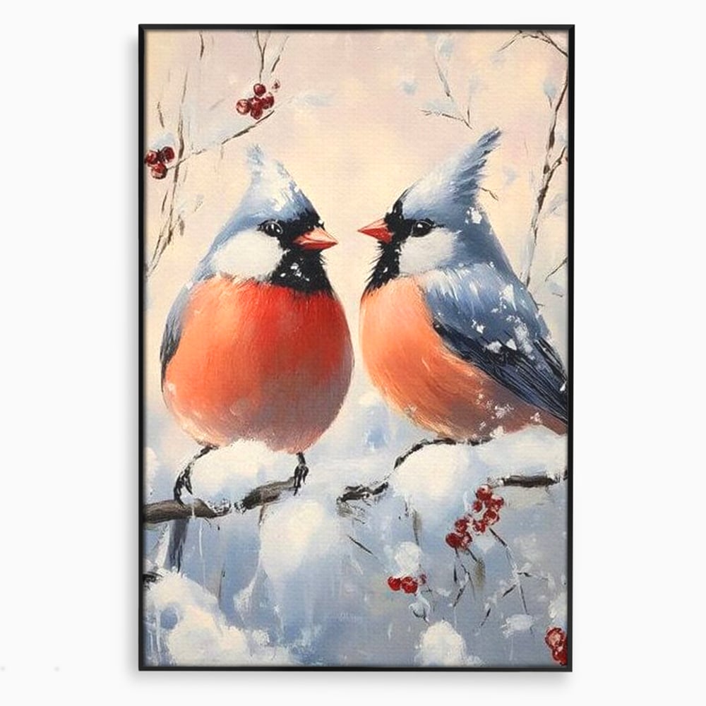 Tablou Canvas Premium, LuxCanva® D1109, Iubire Printre Fulgi, Cantec, Pereche, Iarna, Natura, Padure, Copac, Ramura, Cardinali, Cuplu, Iubire, Armonie, Pace, Zapada, Living, Dormitor