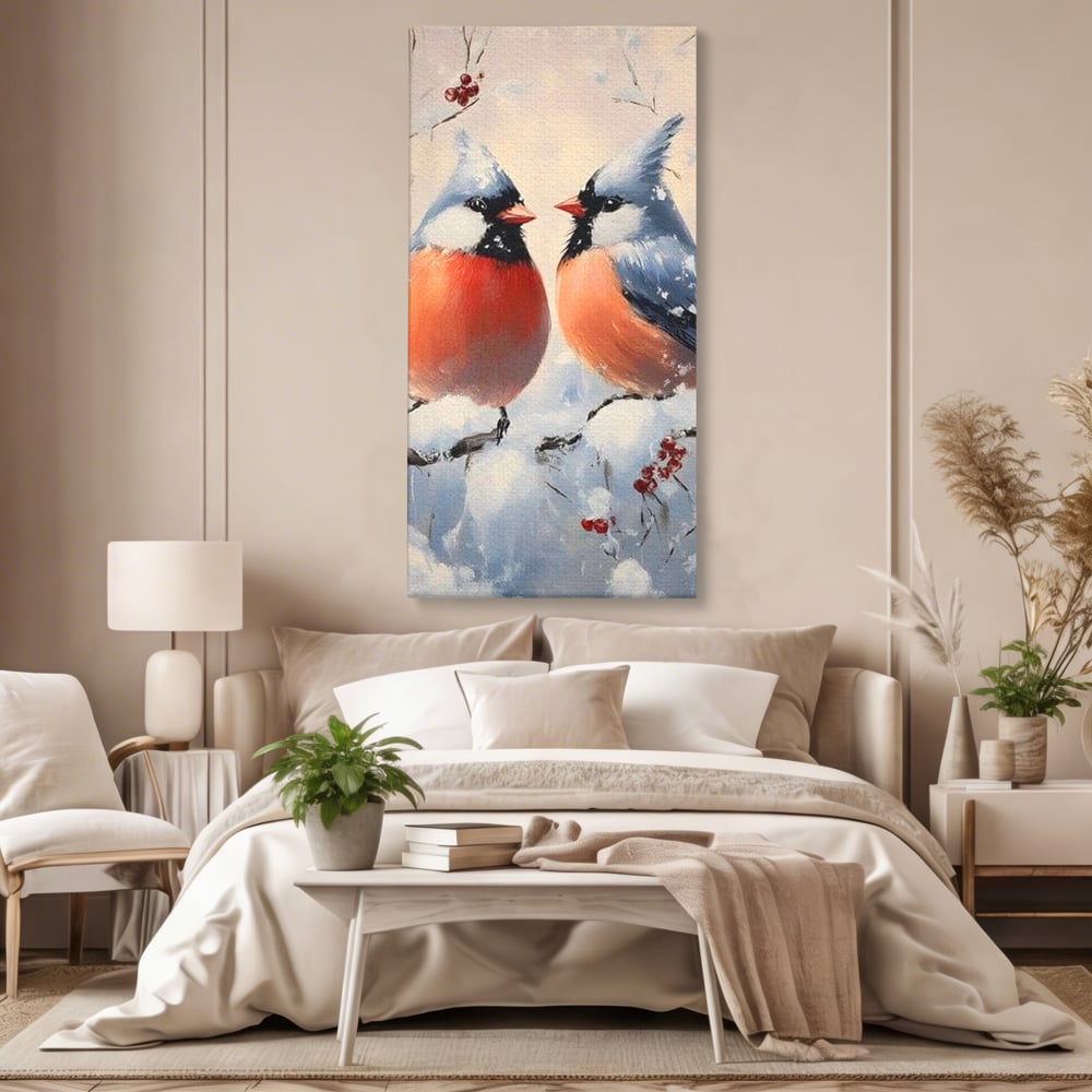 Tablou Canvas Premium, LuxCanva® D1109, Iubire Printre Fulgi, Cantec, Pereche, Iarna, Natura, Padure, Copac, Ramura, Cardinali, Cuplu, Iubire, Armonie, Pace, Zapada, Living, Dormitor