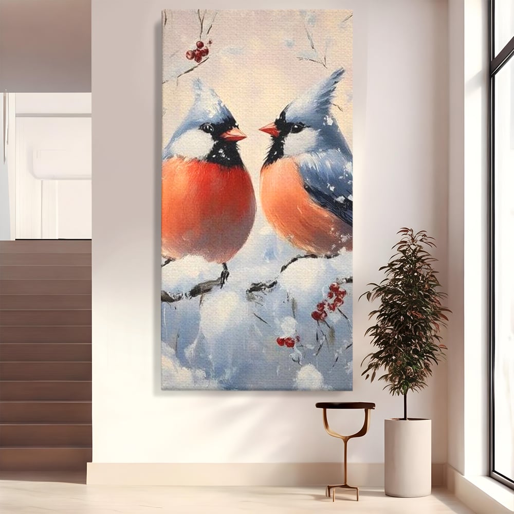Tablou Canvas Premium, LuxCanva® D1109, Iubire Printre Fulgi, Cantec, Pereche, Iarna, Natura, Padure, Copac, Ramura, Cardinali, Cuplu, Iubire, Armonie, Pace, Zapada, Living, Dormitor