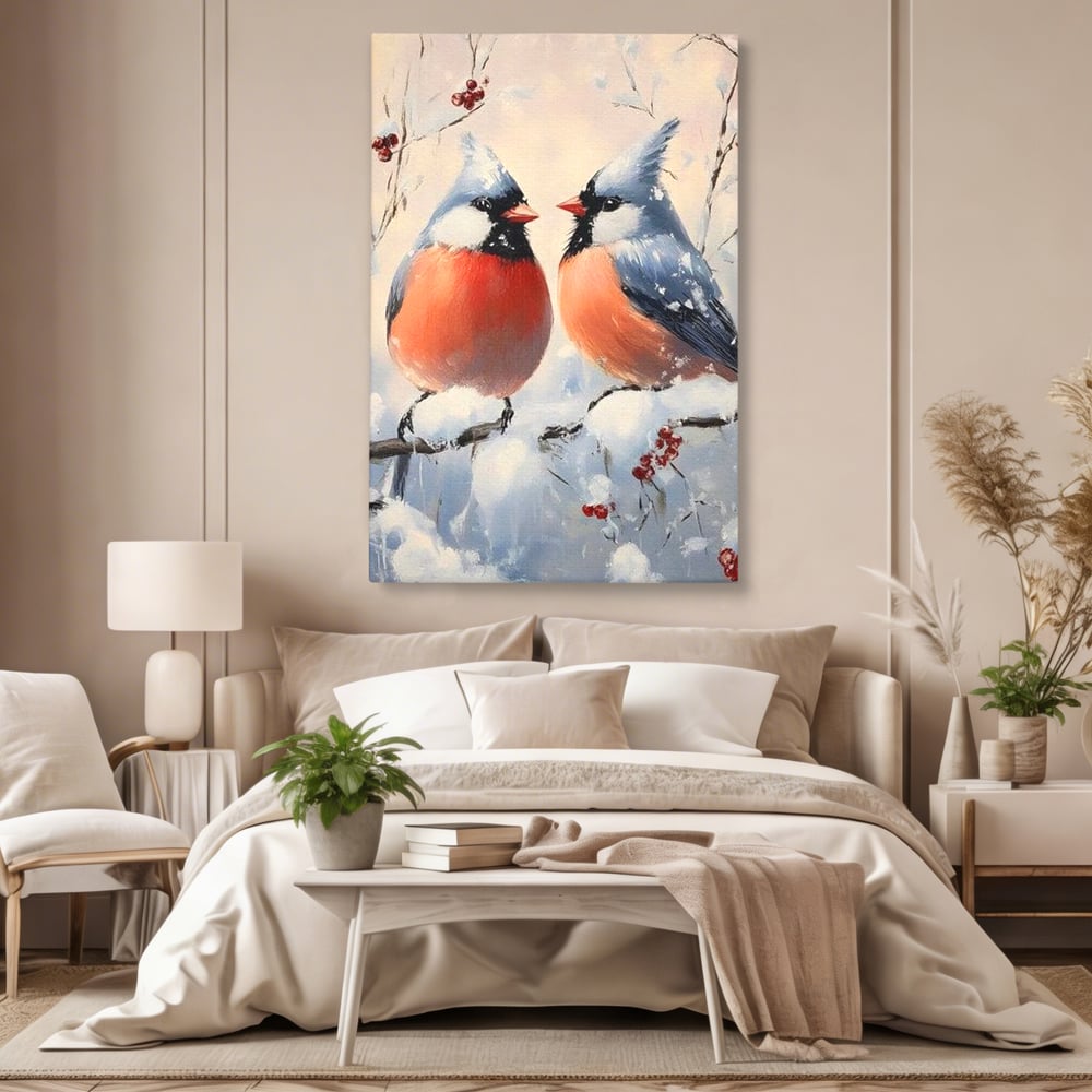 Tablou Canvas Premium, LuxCanva® D1109, Iubire Printre Fulgi, Cantec, Pereche, Iarna, Natura, Padure, Copac, Ramura, Cardinali, Cuplu, Iubire, Armonie, Pace, Zapada, Living, Dormitor