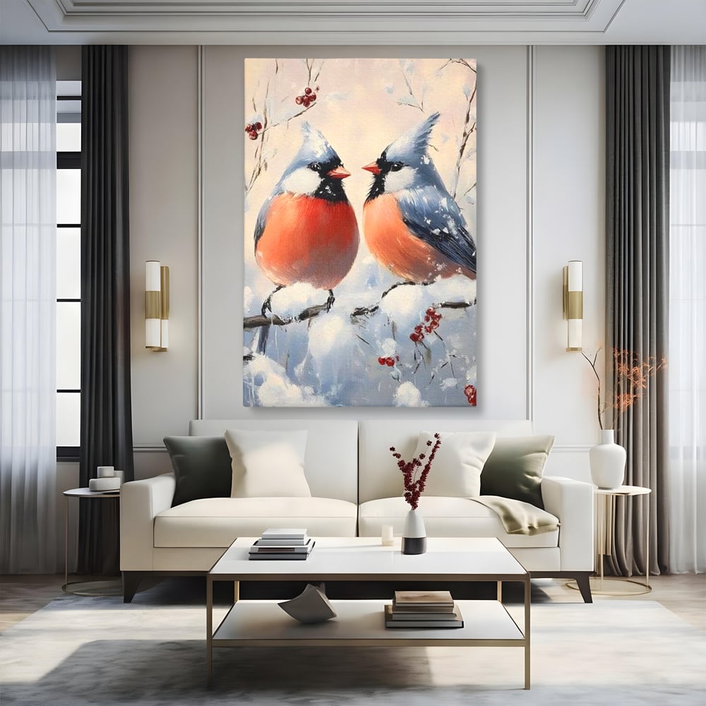 Tablou Canvas Premium, LuxCanva® D1109, Iubire Printre Fulgi, Cantec, Pereche, Iarna, Natura, Padure, Copac, Ramura, Cardinali, Cuplu, Iubire, Armonie, Pace, Zapada, Living, Dormitor