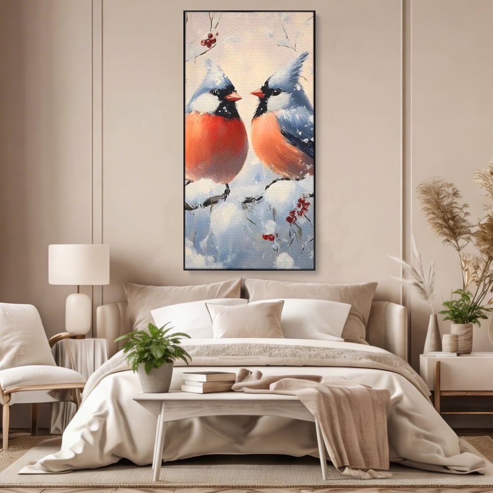 Tablou Canvas Premium, LuxCanva® D1109, Iubire Printre Fulgi, Cantec, Pereche, Iarna, Natura, Padure, Copac, Ramura, Cardinali, Cuplu, Iubire, Armonie, Pace, Zapada, Living, Dormitor