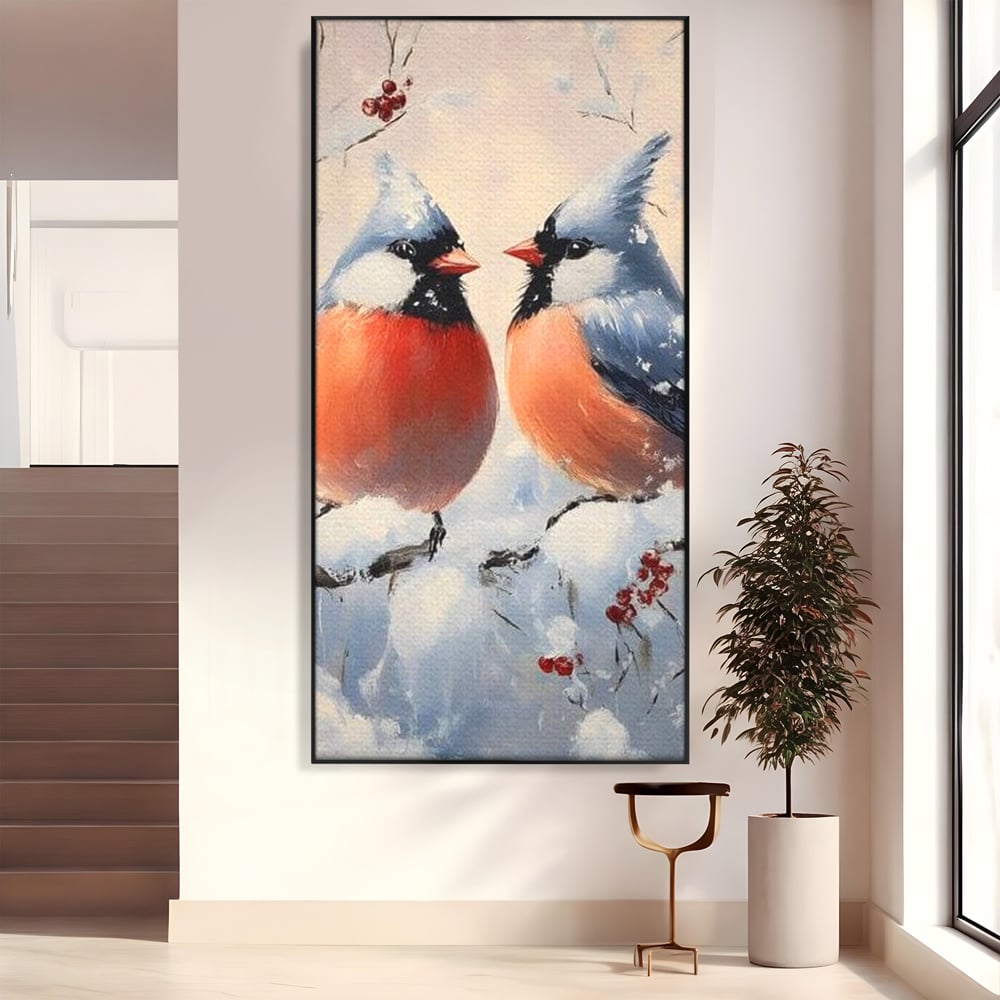 Tablou Canvas Premium, LuxCanva® D1109, Iubire Printre Fulgi, Cantec, Pereche, Iarna, Natura, Padure, Copac, Ramura, Cardinali, Cuplu, Iubire, Armonie, Pace, Zapada, Living, Dormitor