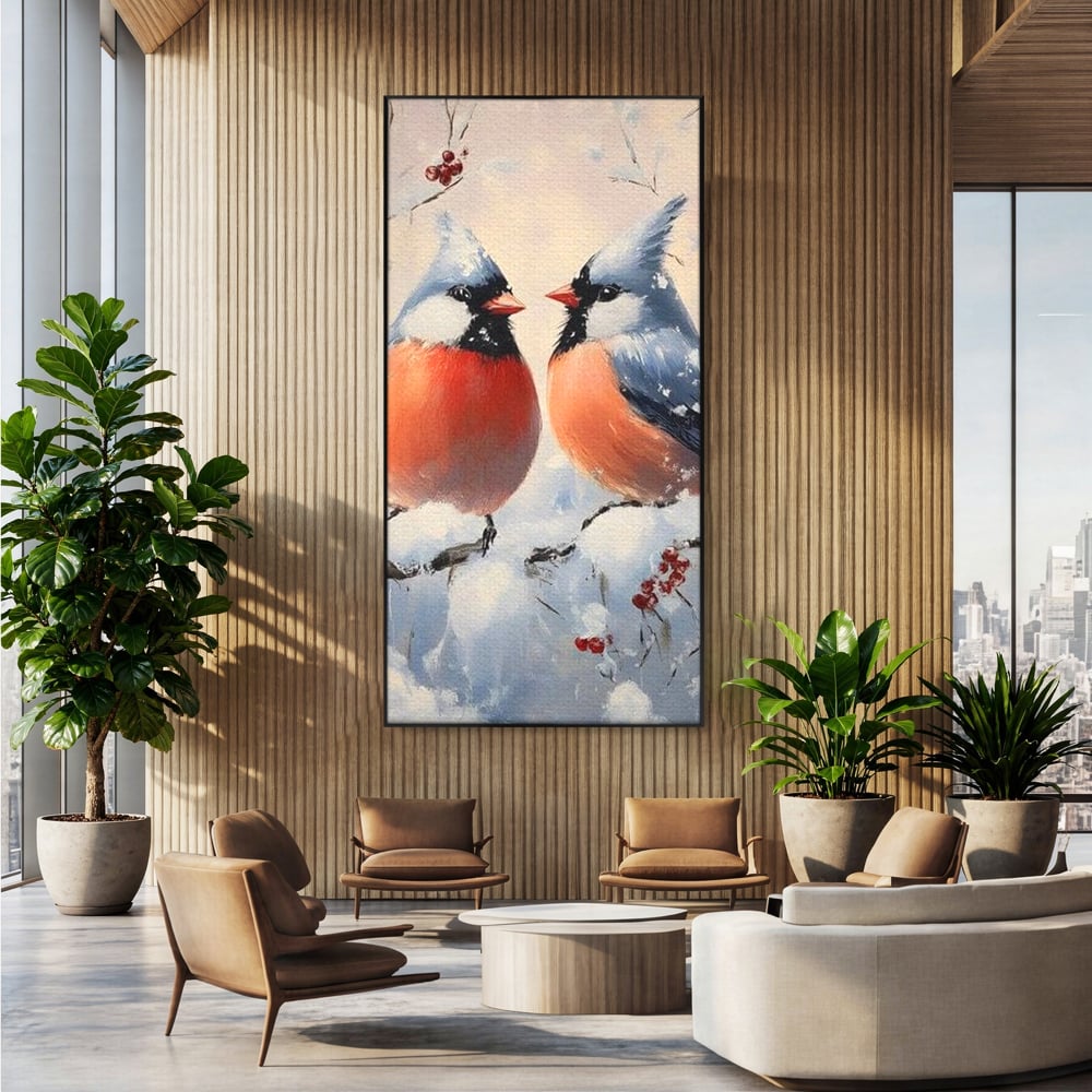 Tablou Canvas Premium, LuxCanva® D1109, Iubire Printre Fulgi, Cantec, Pereche, Iarna, Natura, Padure, Copac, Ramura, Cardinali, Cuplu, Iubire, Armonie, Pace, Zapada, Living, Dormitor