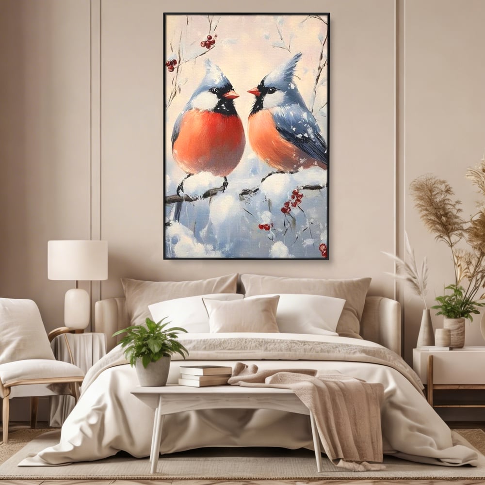 Tablou Canvas Premium, LuxCanva® D1109, Iubire Printre Fulgi, Cantec, Pereche, Iarna, Natura, Padure, Copac, Ramura, Cardinali, Cuplu, Iubire, Armonie, Pace, Zapada, Living, Dormitor