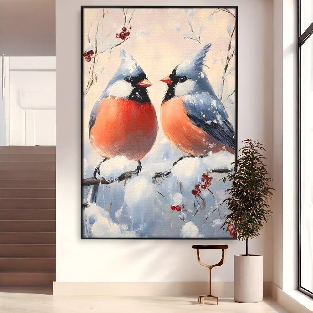 Tablou Canvas Premium, LuxCanva® D1109, Iubire Printre Fulgi, Cantec, Pereche, Iarna, Natura, Padure, Copac, Ramura, Cardinali, Cuplu, Iubire, Armonie, Pace, Zapada, Living, Dormitor