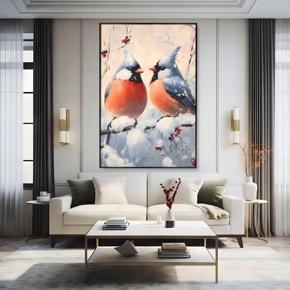 Tablou Canvas Premium, LuxCanva® D1109, Iubire Printre Fulgi, Cantec, Pereche, Iarna, Natura, Padure, Copac, Ramura, Cardinali, Cuplu, Iubire, Armonie, Pace, Zapada, Living, Dormitor
