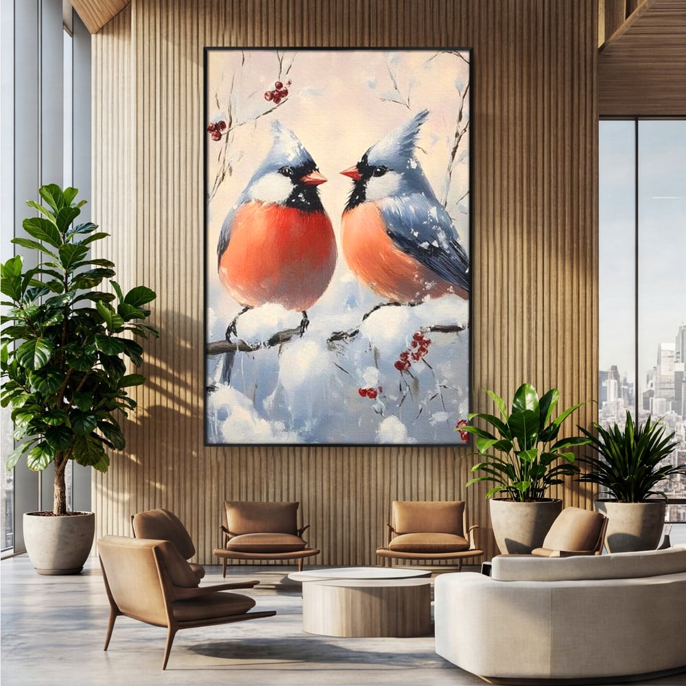 Tablou Canvas Premium, LuxCanva® D1109, Iubire Printre Fulgi, Cantec, Pereche, Iarna, Natura, Padure, Copac, Ramura, Cardinali, Cuplu, Iubire, Armonie, Pace, Zapada, Living, Dormitor
