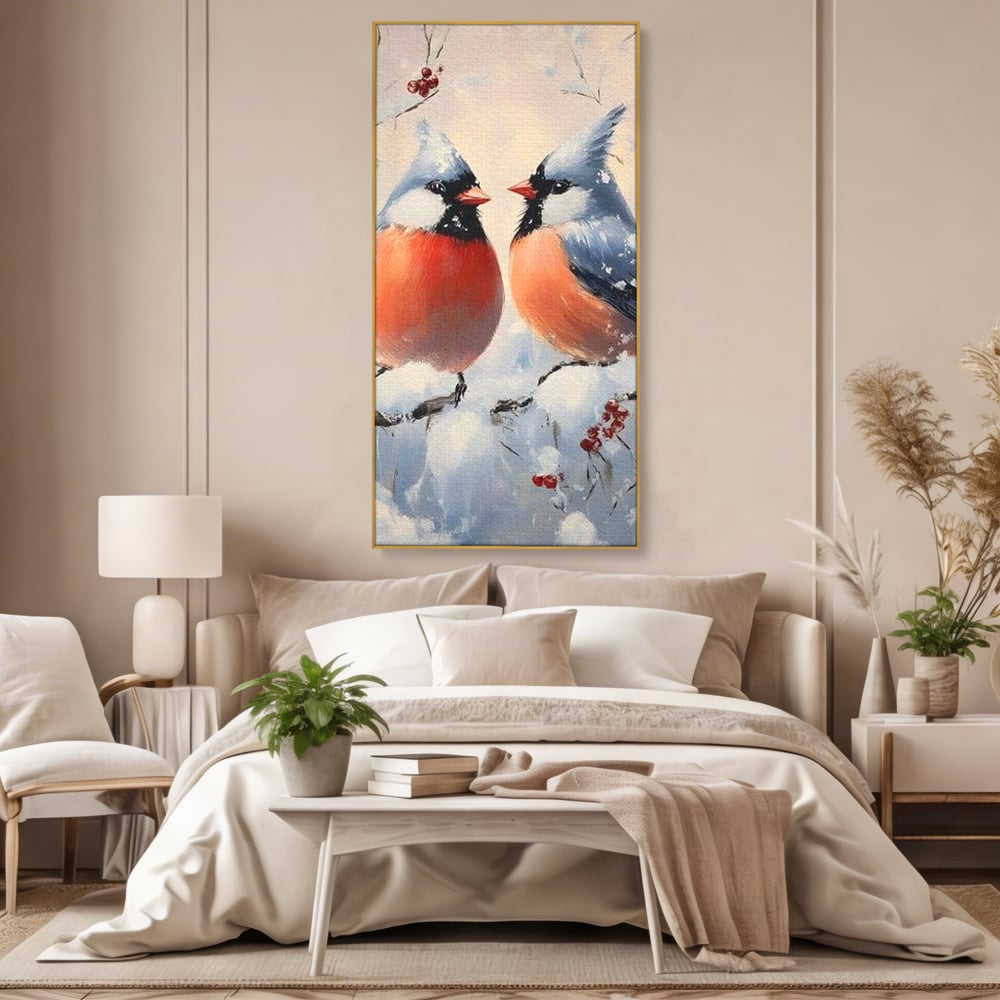 Tablou Canvas Premium, LuxCanva® D1109, Iubire Printre Fulgi, Cantec, Pereche, Iarna, Natura, Padure, Copac, Ramura, Cardinali, Cuplu, Iubire, Armonie, Pace, Zapada, Living, Dormitor