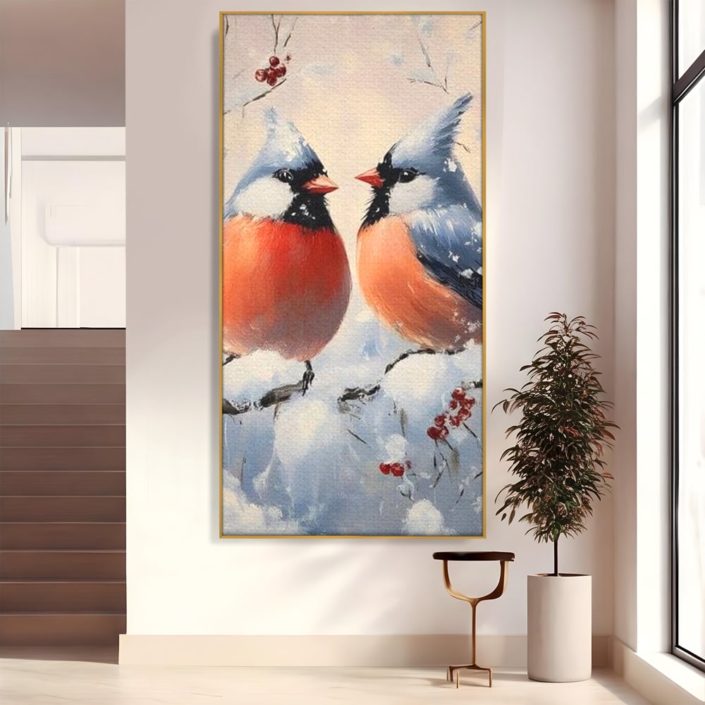 Tablou Canvas Premium, LuxCanva® D1109, Iubire Printre Fulgi, Cantec, Pereche, Iarna, Natura, Padure, Copac, Ramura, Cardinali, Cuplu, Iubire, Armonie, Pace, Zapada, Living, Dormitor