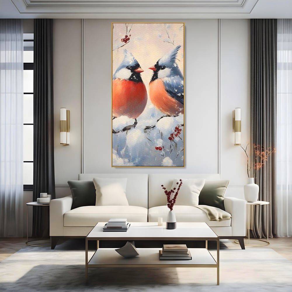 Tablou Canvas Premium, LuxCanva® D1109, Iubire Printre Fulgi, Cantec, Pereche, Iarna, Natura, Padure, Copac, Ramura, Cardinali, Cuplu, Iubire, Armonie, Pace, Zapada, Living, Dormitor